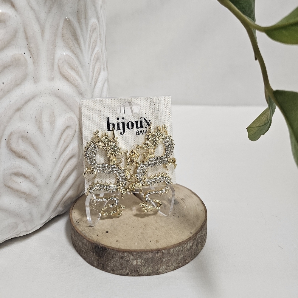 Bijoux Bar Dragon Earrings – Gold Crystal Statement Studs NWT
